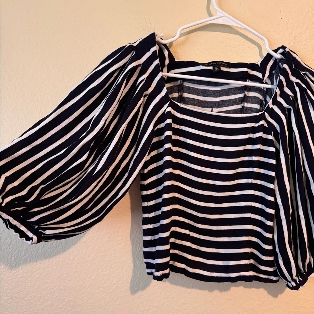 Banana Republic Puff Sleeve Striped Blouse XS Navy White Square Neck